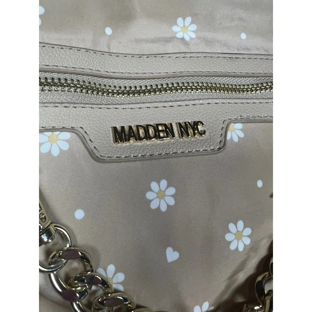 Madden NYC Tan Daisy Heart Print Nylon Backpack Gold Chain Detail Floral Bag